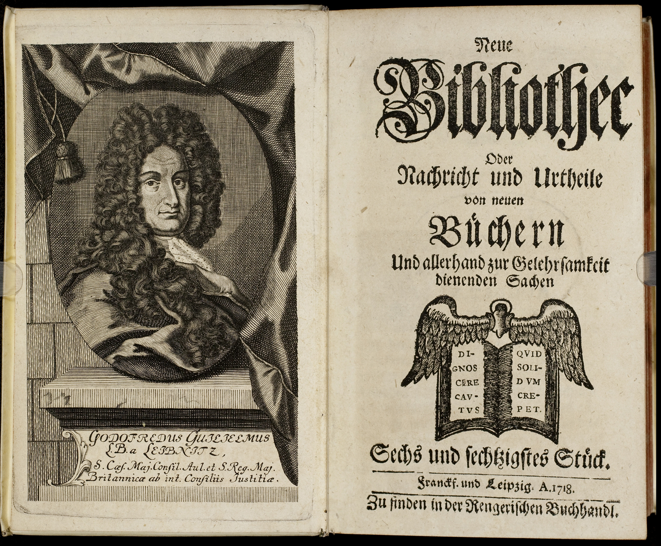Porträt von Leibniz, Gottfried Wilhelm  (Neue Bibliothec oder Nachricht und Urtheile von neuen Büchern., 1718, 66. St., ungez. Bl. vor S. 1. [Doppelseite])