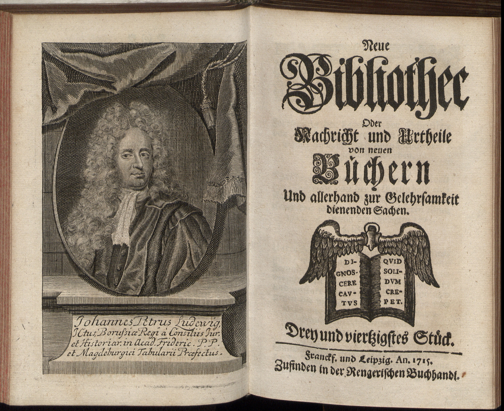 Porträt von Ludewig, Johann Peter von  (Neue Bibliothec oder Nachricht und Urtheile von neuen Büchern., 1715, 43. St., ungez. Bl. vor S. 187. [Doppelseite])
