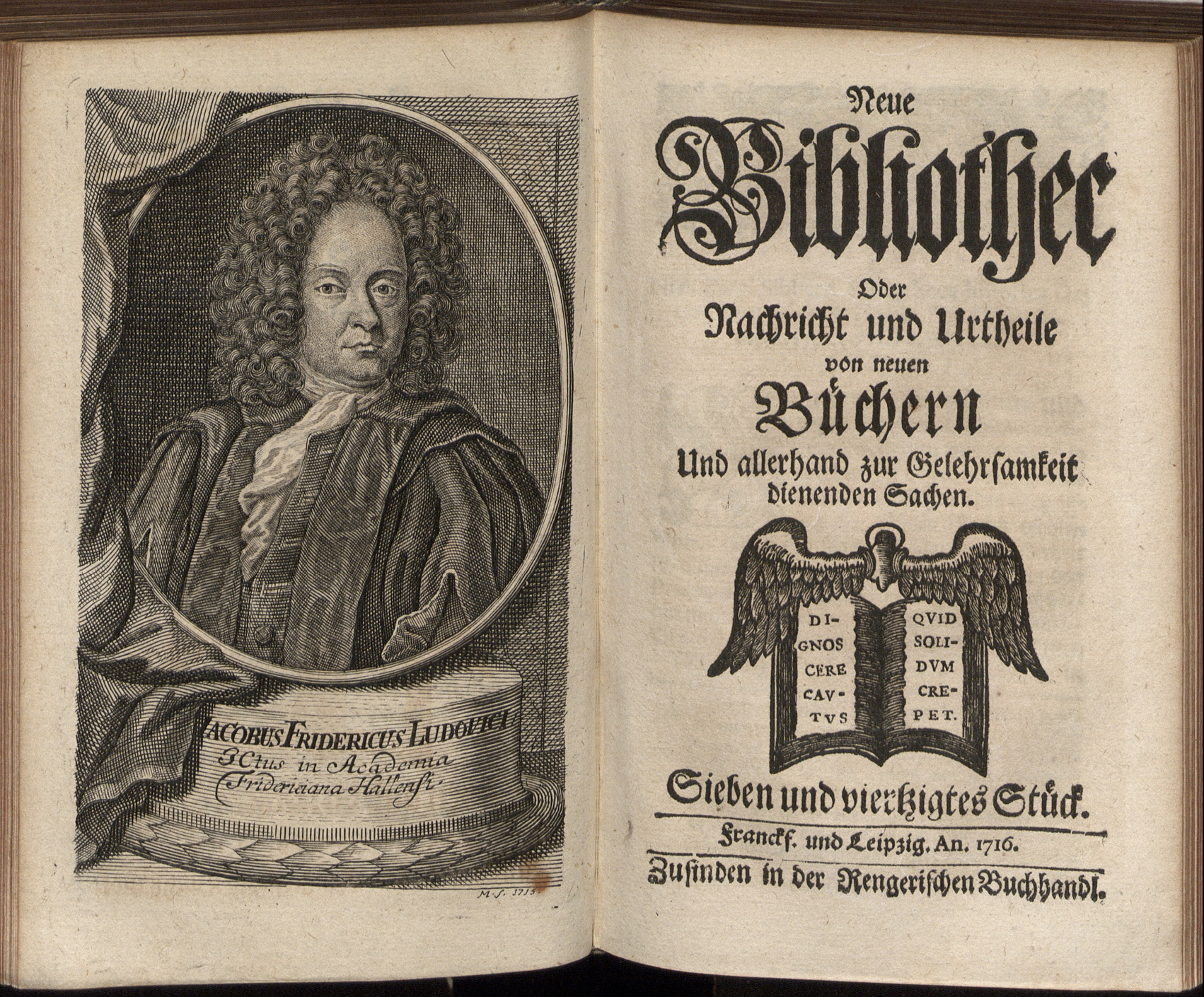 Porträt von Ludovici, Jacob Friedrich  (Neue Bibliothec oder Nachricht und Urtheile von neuen Büchern., 1716, 47. St., ungez. Bl. vor S. 545. [Doppelseite])