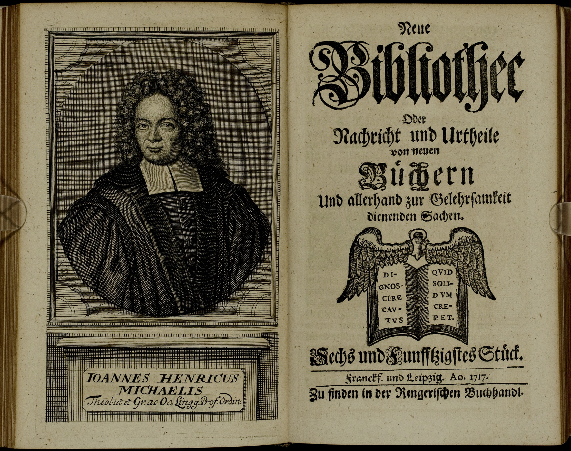 Porträt von Michaelis, Johann Heinrich  (Neue Bibliothec oder Nachricht und Urtheile von neuen Büchern., 1717, 56. St., ungez. Bl. vor S. 425. [Doppelseite])