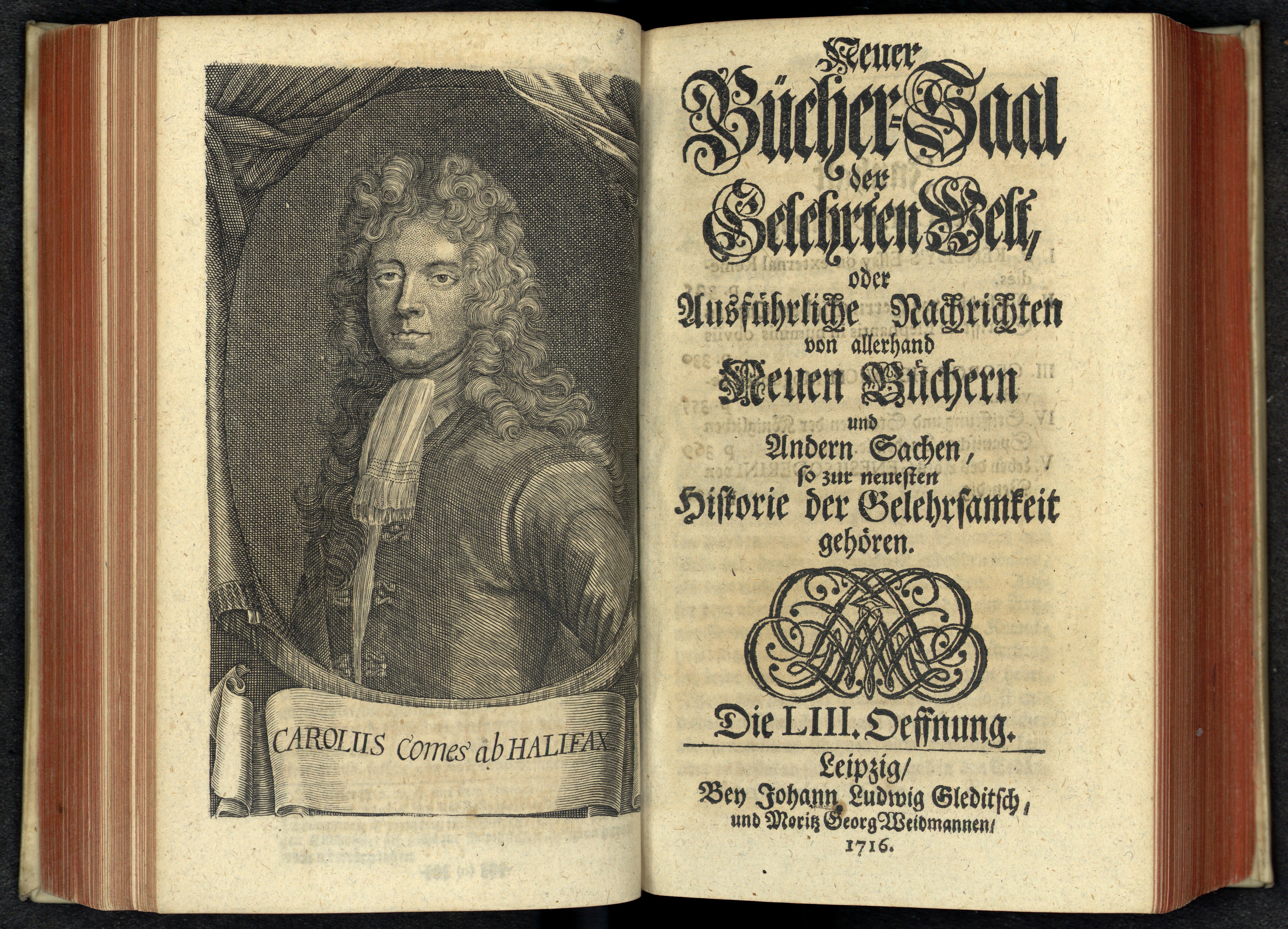 Porträt von Montagu, Charles  (Neuer Bücher-Saal der gelehrten Welt., 1716, 53. Oeffn., ungez. Bl. vor S. 325. [Doppelseite])