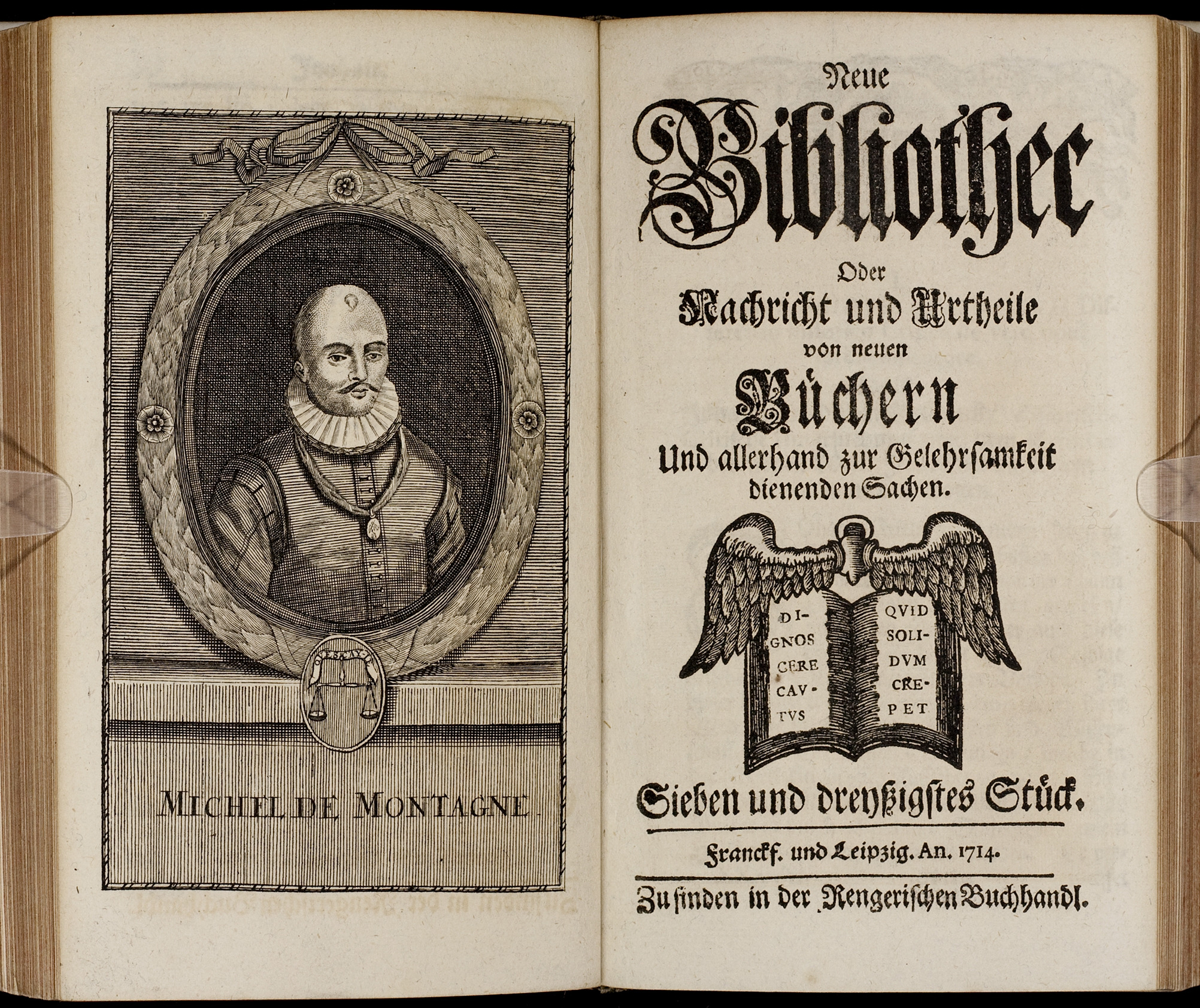 Porträt von Montaigne, Michel Eyquem de  (Neue Bibliothec oder Nachricht und Urtheile von neuen Büchern., 1714, 37. St., ungez. Bl. vor S. 533. [Doppelseite])