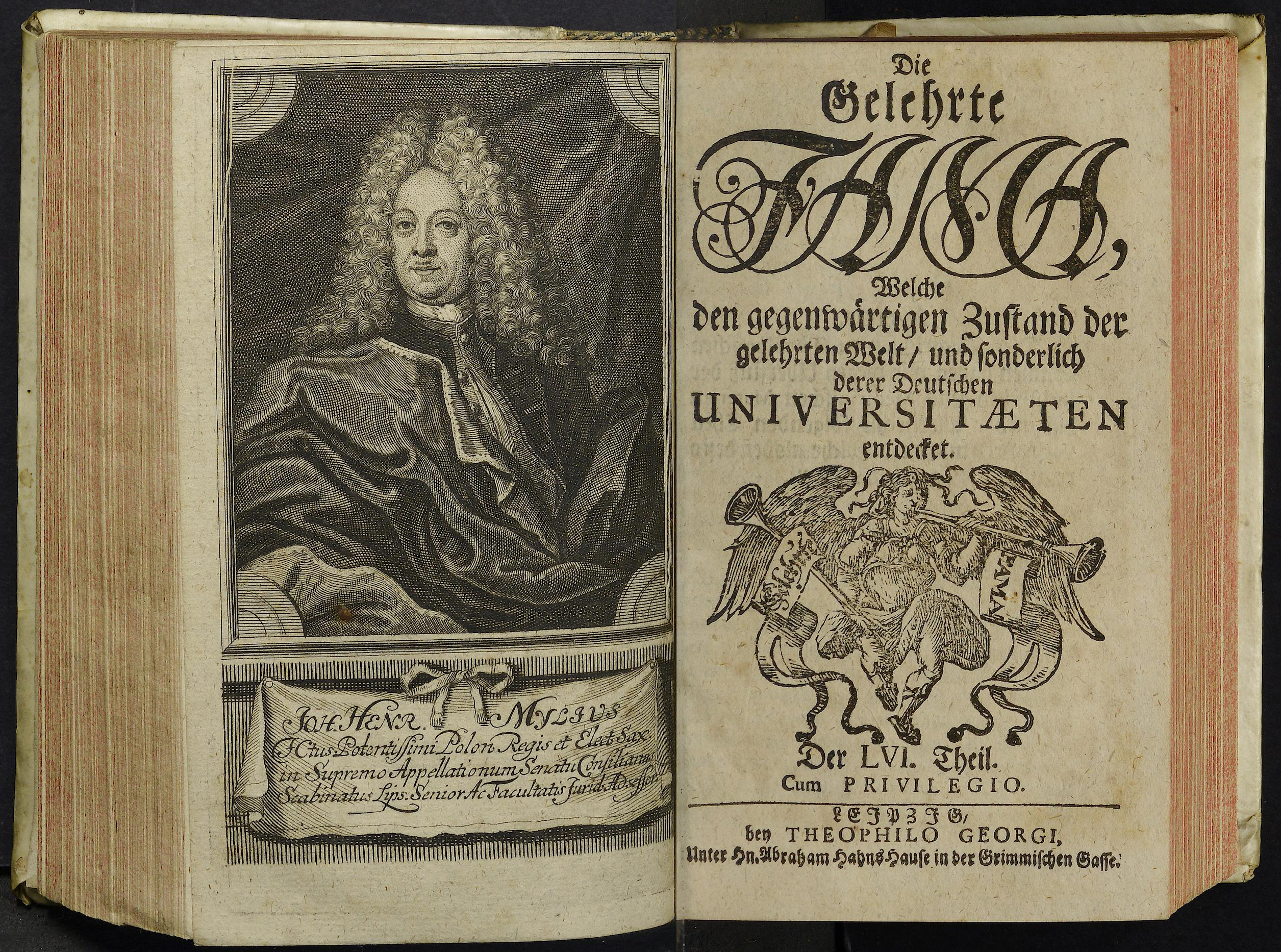 Porträt von Mylius, Johann Heinrich  (Die Gelehrte Fama, welche den gegenwärtigen Zustand der gelehrten Welt und sonderlich derer deutschen Universitäten entdecket., 1717, 56. T., ungez. Bl. am Anf. d. Stückes. [Doppelseite])