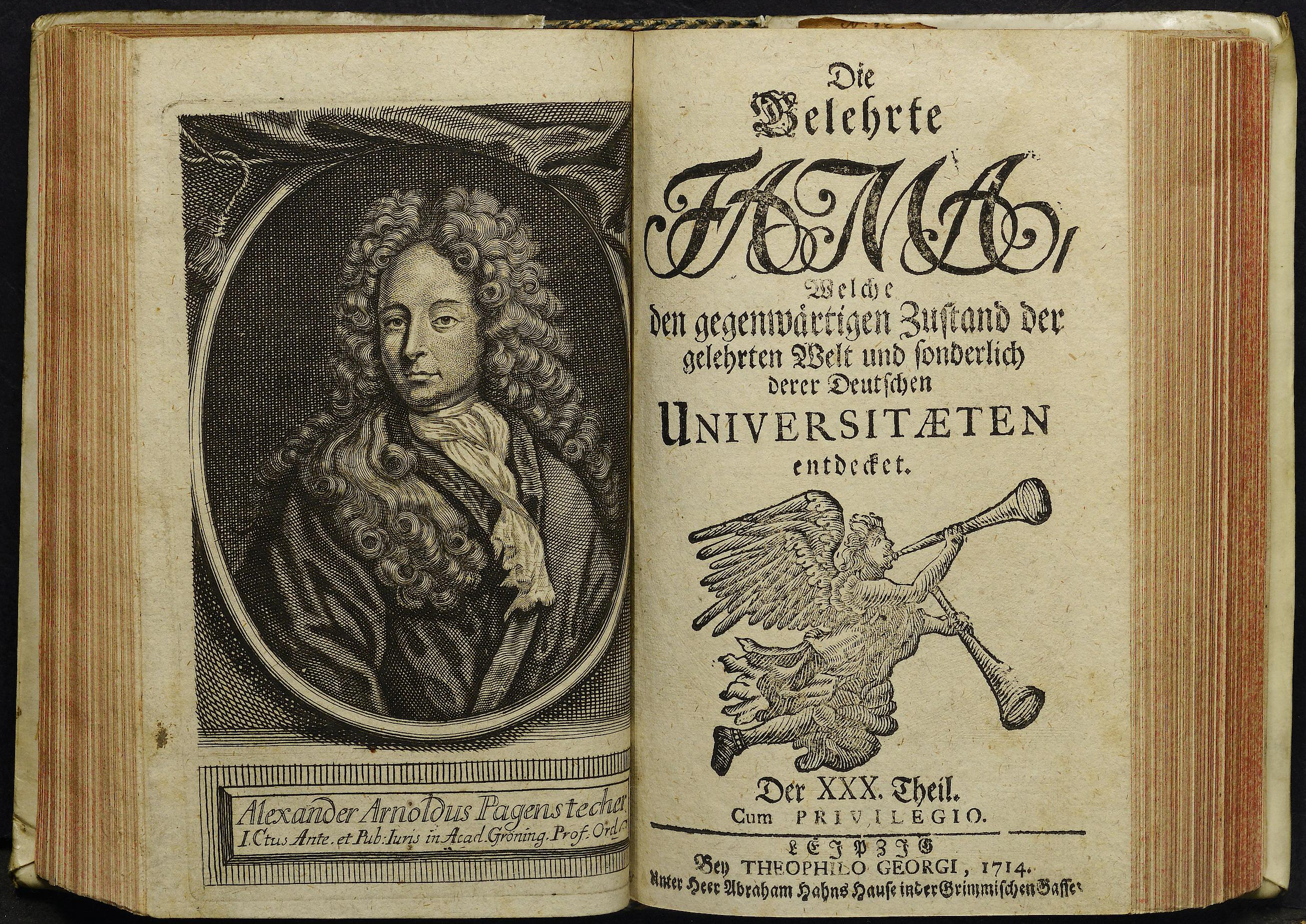 Porträt von Pagenstecher, Alexander Arnold  (Die Gelehrte Fama, welche den gegenwärtigen Zustand der gelehrten Welt und sonderlich derer deutschen Universitäten entdecket., 1714, 30. T., ungez. Bl. am Anf. d. Stückes. [Doppelseite])