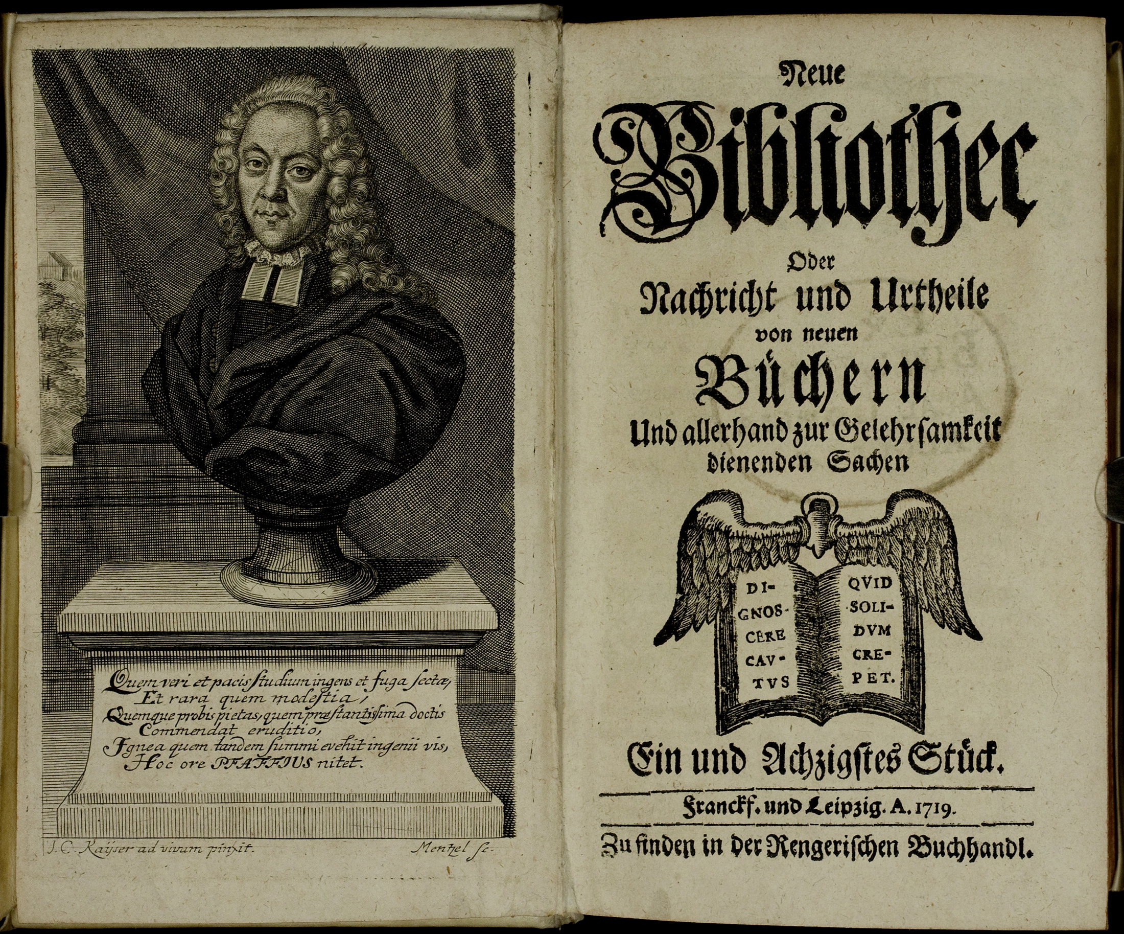 Porträt von Pfaff, Christoph Matthaeus  (Neue Bibliothec oder Nachricht und Urtheile von neuen Büchern., 1719, 81. St., ungez. Bl. vor S. 1. [Doppelseite])