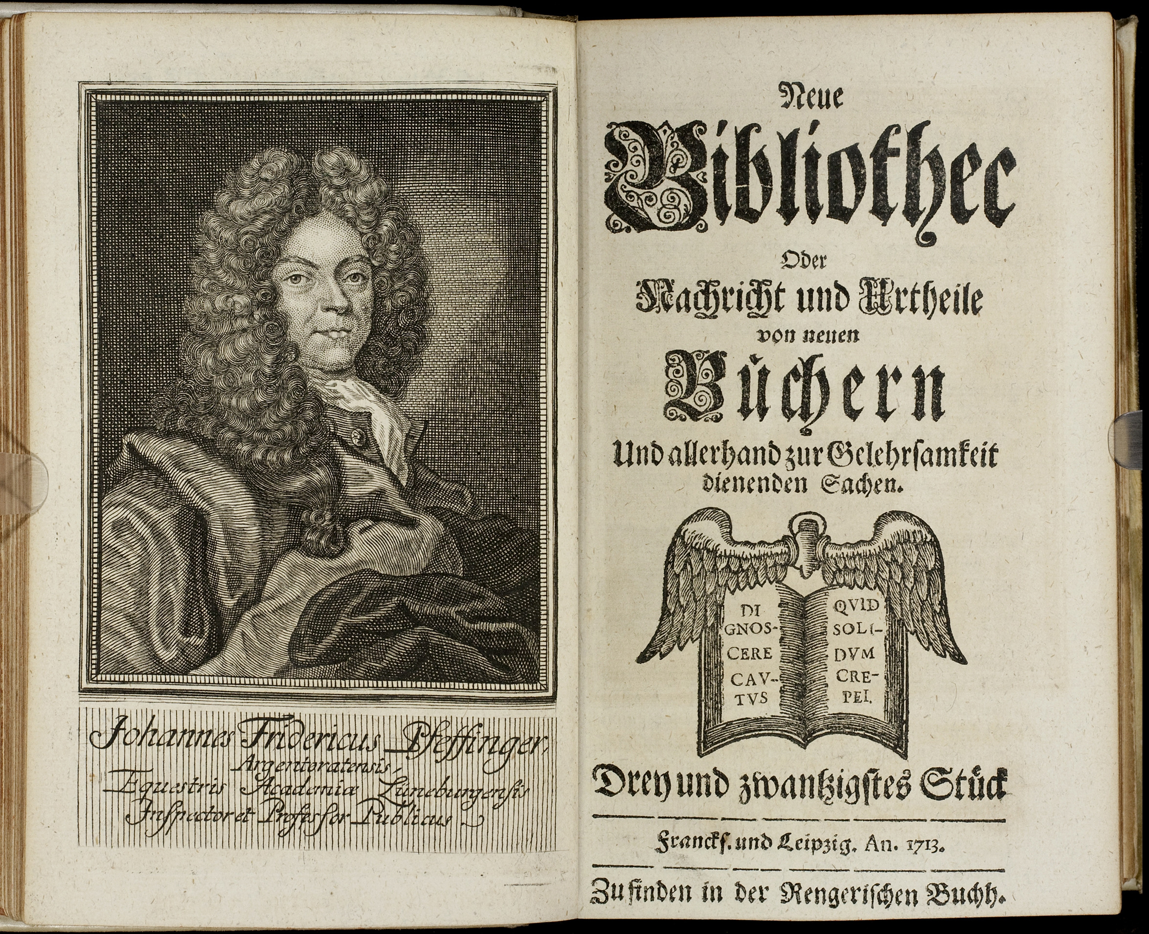 Porträt von Pfeffinger, Johann Friedrich  (Neue Bibliothec oder Nachricht und Urtheile von neuen Büchern., 1713, 23. St., ungez. Bl. vor S. 187. [Doppelseite])