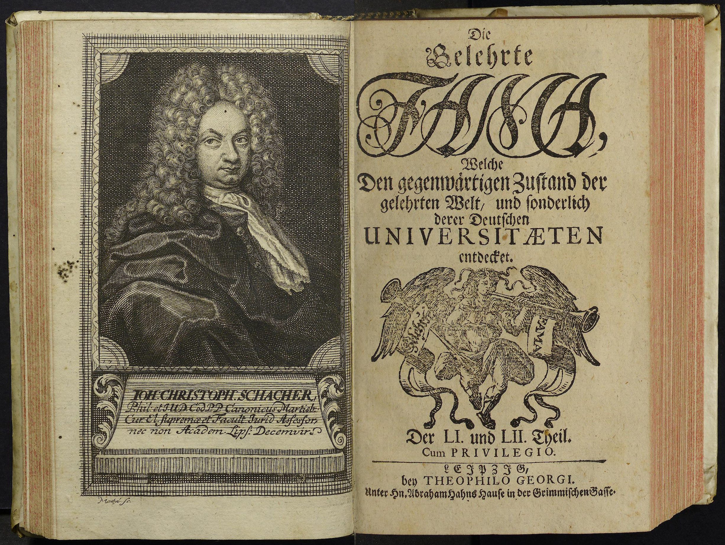 Porträt von Schacher, Johann Christoph  (Die Gelehrte Fama, welche den gegenwärtigen Zustand der gelehrten Welt und sonderlich derer deutschen Universitäten entdecket., 1716, 51/52. T., ungez. Bl. am Anf. d. Stückes. [Doppelseite])