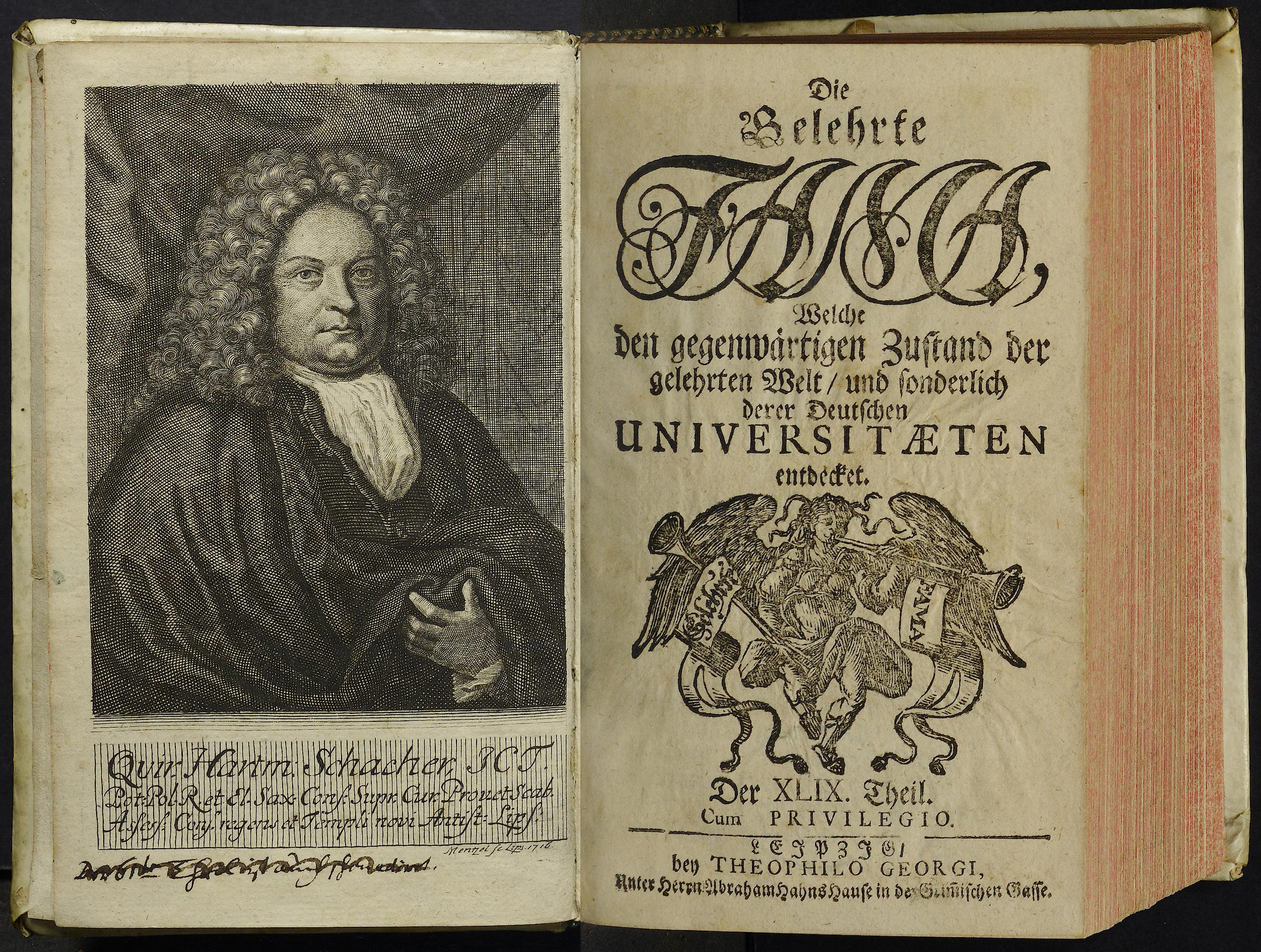 Porträt von Schacher, Quirin Hartmann  (Die Gelehrte Fama, welche den gegenwärtigen Zustand der gelehrten Welt und sonderlich derer deutschen Universitäten entdecket., 1716, 49. T., ungez. Bl. am Anf. d. Stückes. [Doppelseite])