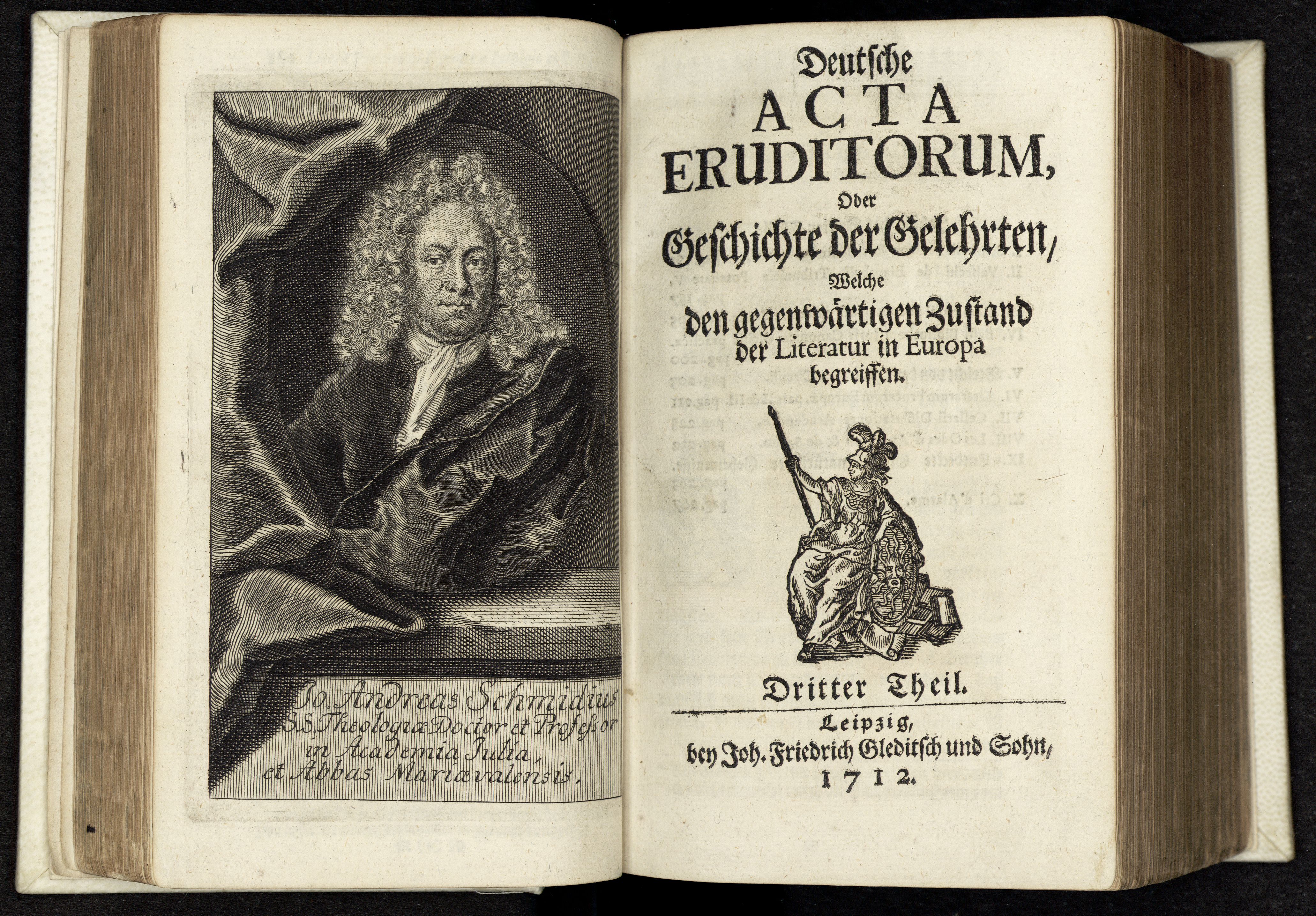 Porträt von Schmidt, Johann Andreas  (Deutsche Acta Eruditorum., 1712, 3. T., ungez. Bl. vor S. 182. [Doppelseite])