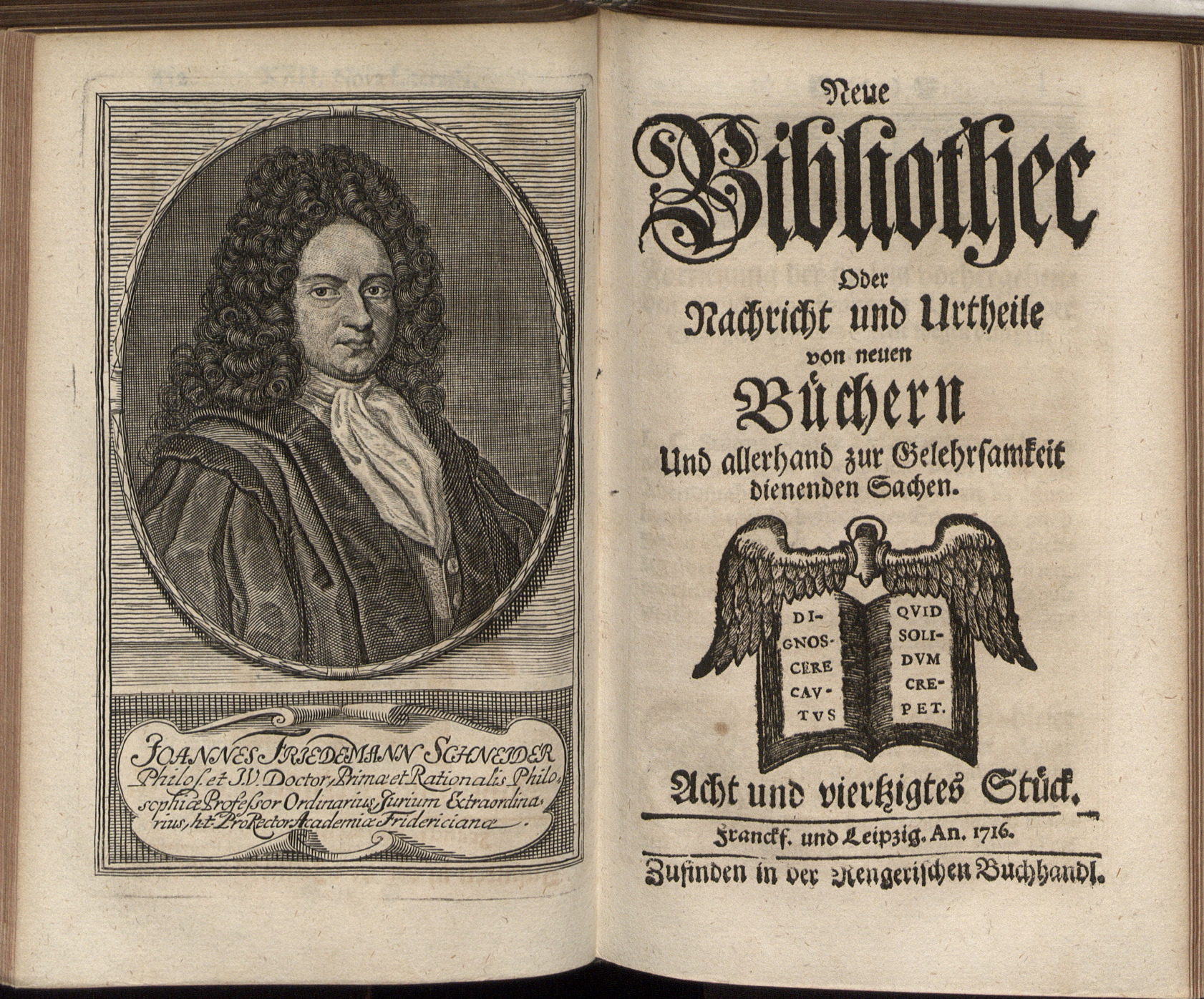 Porträt von Schneider, Johann Friedemann  (Neue Bibliothec oder Nachricht und Urtheile von neuen Büchern., 1716, 48. St., ungez. Bl. vor S. 633. [Doppelseite])