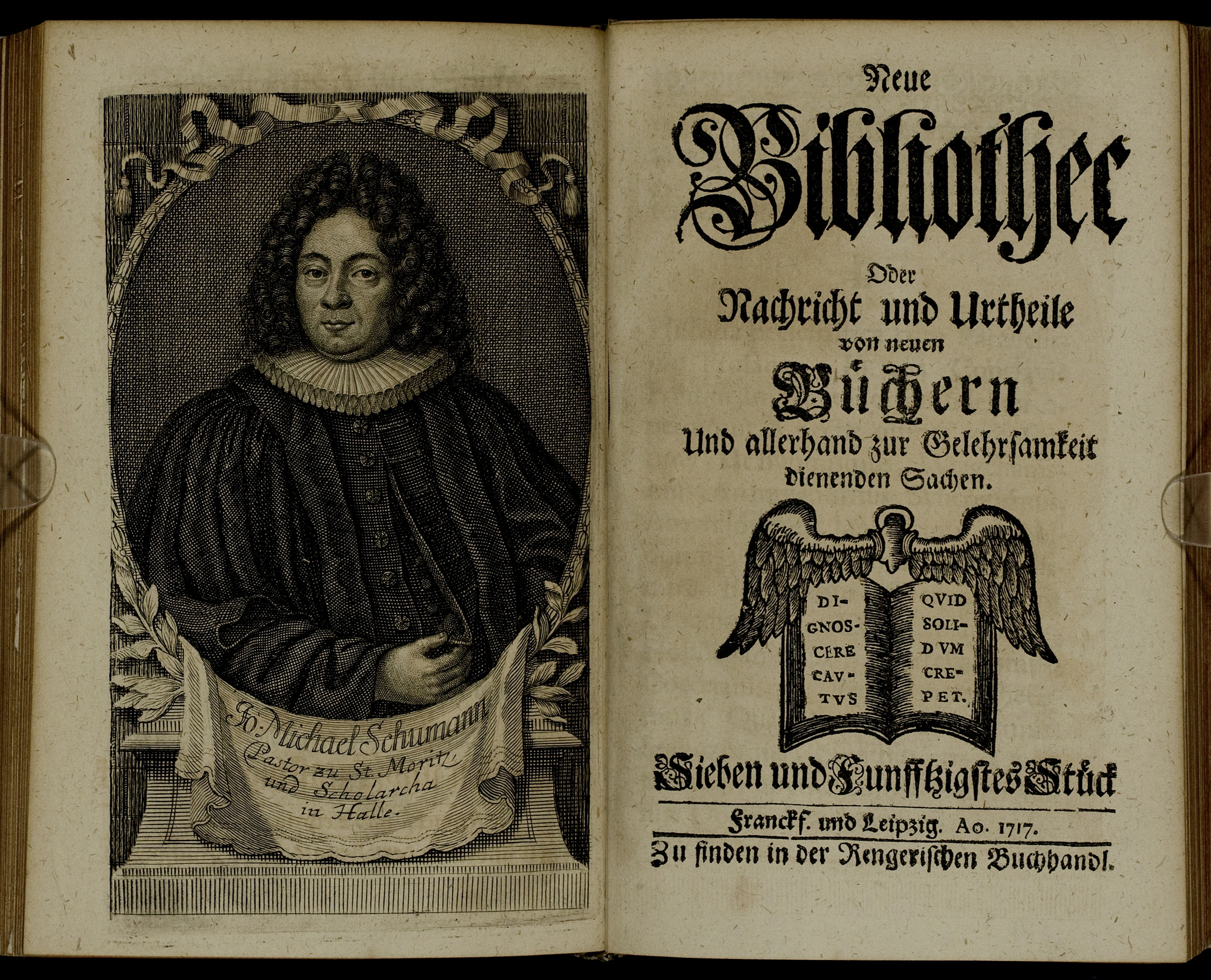 Porträt von Schumann, Johann Michael  (Neue Bibliothec oder Nachricht und Urtheile von neuen Büchern., 1717, 57. St., ungez. Bl. vor S. 511. [Doppelseite])