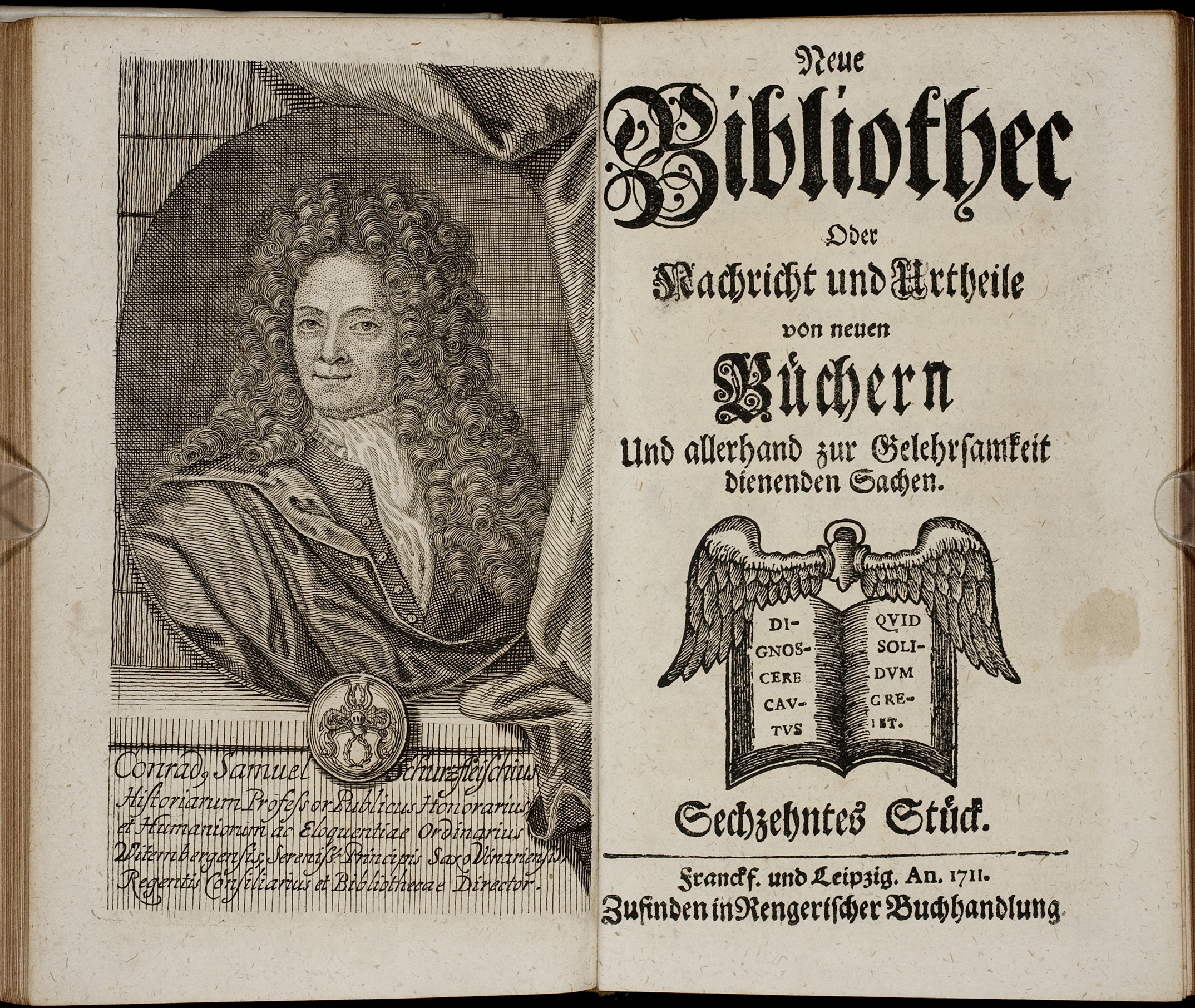 Porträt von Schurzfleisch, Konrad Samuel  (Neue Bibliothec oder Nachricht und Urtheile von neuen Büchern., 1711, 16. St., ungez. Bl. vor S. 459. [Doppelseite])
