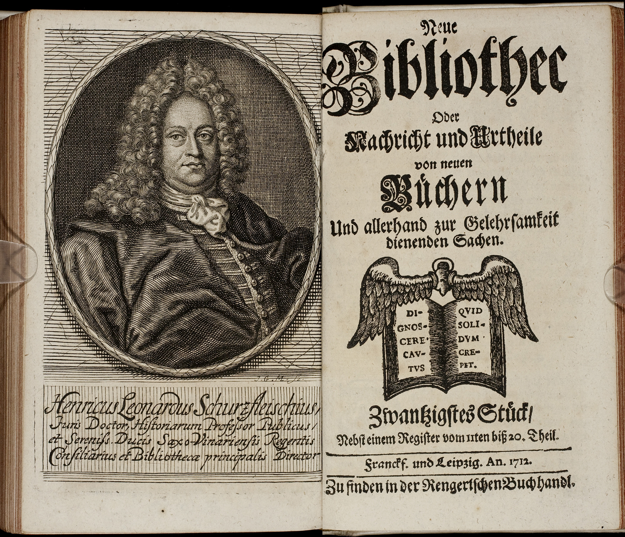 Porträt von Schurzfleisch, Heinrich Leonhard  (Neue Bibliothec oder Nachricht und Urtheile von neuen Büchern., 1712, 20. St., ungez. Bl. vor S. 833. [Doppelseite])