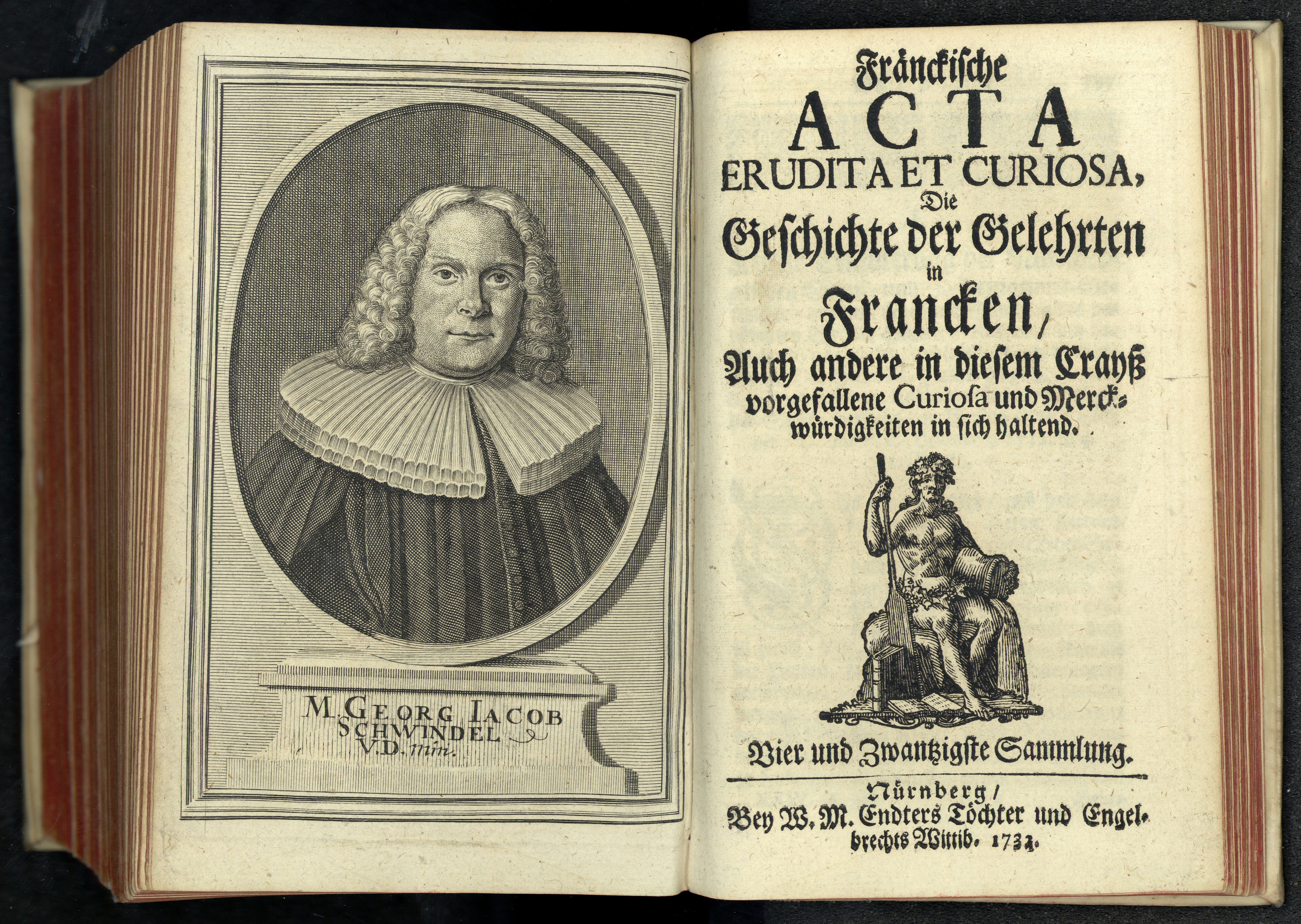 Porträt von Schwindel, Georg Jacob  (Fränckische Acta Erudita et Curiosa., 1732, 24. Slg., vor S. 997. [Doppelseite])