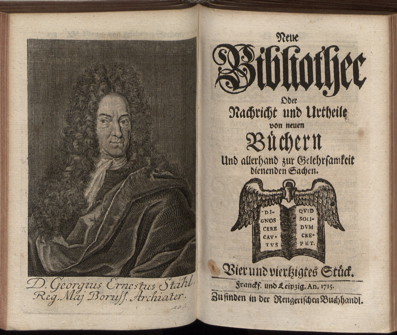 Porträt von Stahl, Georg Ernst  (Neue Bibliothec oder Nachricht und Urtheile von neuen Büchern., 1715, 44. St., ungez. Bl. vor S. 279. [Doppelseite])