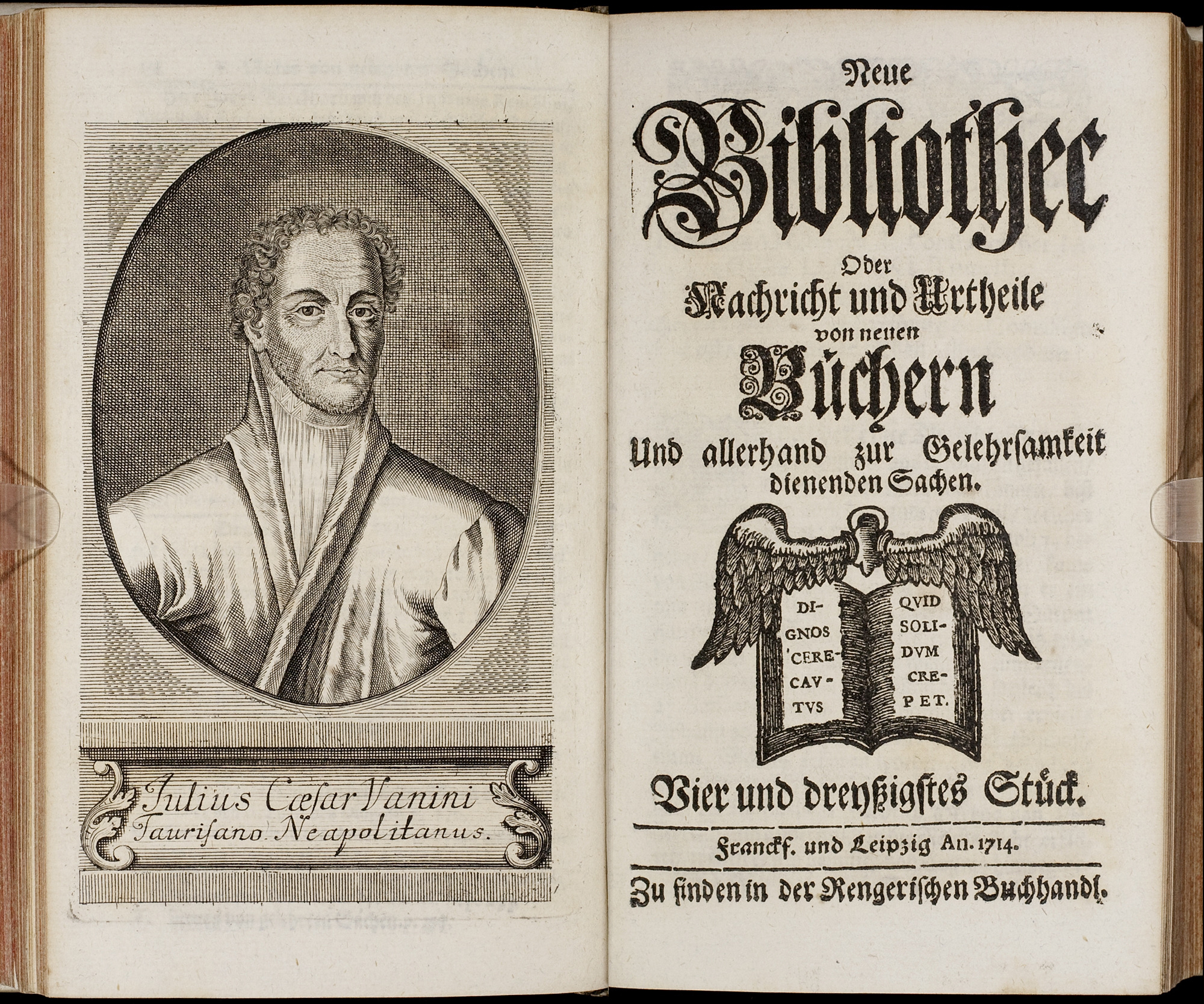 Porträt von Vanini, Giulio Cesare  (Neue Bibliothec oder Nachricht und Urtheile von neuen Büchern., 1714, 34. St., ungez. Bl. vor S. 255. [Doppelseite])