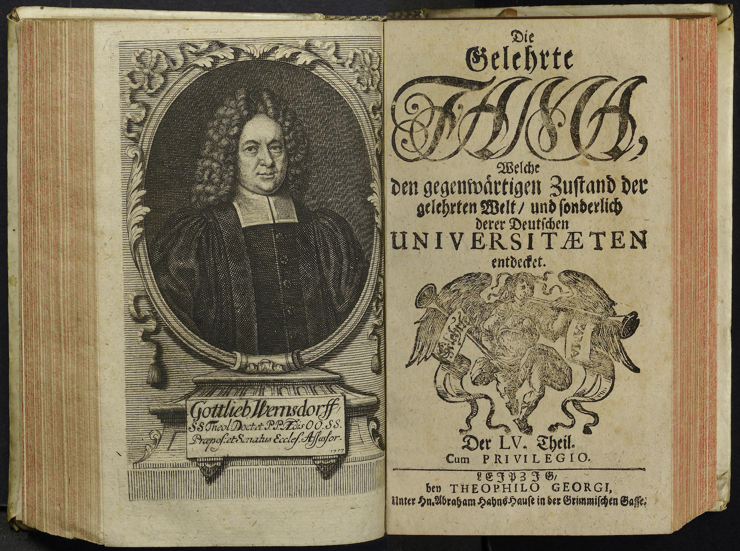 Porträt von Wernsdorf, Gottlieb  (Die Gelehrte Fama, welche den gegenwärtigen Zustand der gelehrten Welt und sonderlich derer deutschen Universitäten entdecket., 1717, 55. T., ungez. Bl. am Anf. d. Stückes. [Doppelseite])