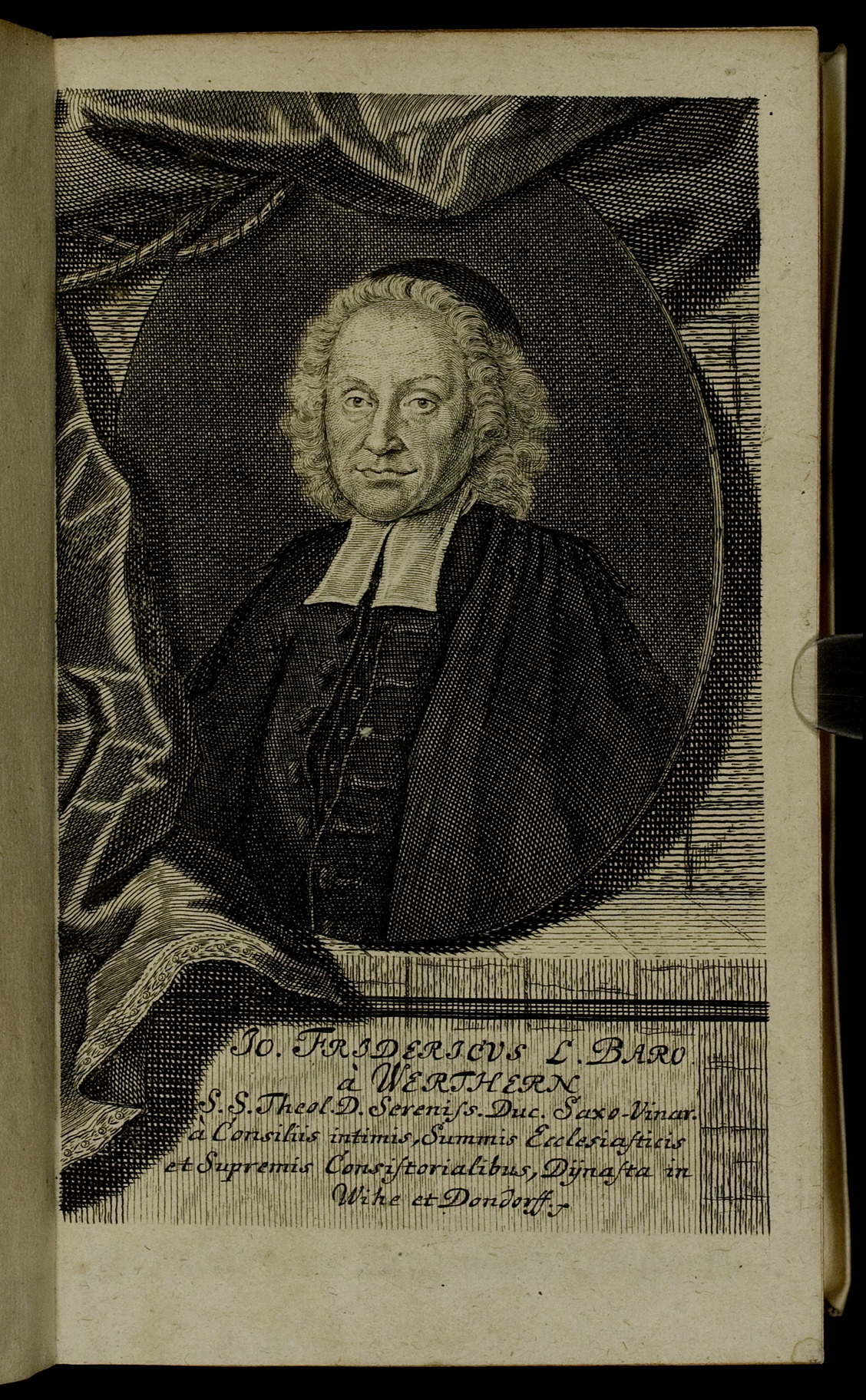 Porträt von Werthern, Johann Friedrich von  (Neue Bibliothec oder Nachricht und Urtheile von neuen Büchern., 1717, 61. St., ungez. Bl. vor S. 1. [Doppelseite])