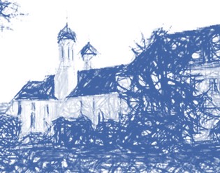 Zeichnung der Klosterbasilika St. Benedikt des Klosters Benediktbeuren in blauer Farbe.