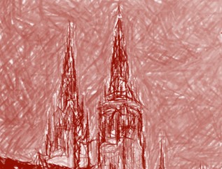 Zeichnung der zwei Türme der Westfassade des Regensburger Doms in roter Farbe.