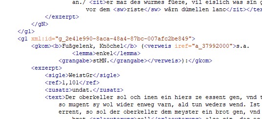 Screenshot, Ausschnitt aus einem XML-Dokument, in dem Teile des Textes verschieden eingefärbt sind. Man sieht Teile des hierarchischen XML-Taggings