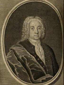 Porträt von Banniza von Bazan, Johann Peter  (Zuverläßige Nachrichten von dem gegenwärtigen Zustande der Wissenschaften., 1740, 8. T., ungez. Bl. vor S. 525. [Zuschnitt auf Schmuckrahmen])