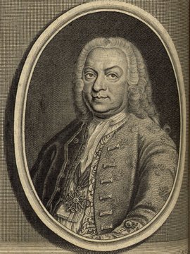 Porträt von Bilfinger, Georg Bernhard  (Zuverläßige Nachrichten von dem gegenwärtigen Zustande der Wissenschaften., 1744, 56. T., ungez. Bl. vor S. 533. [Zuschnitt auf Schmuckrahmen])