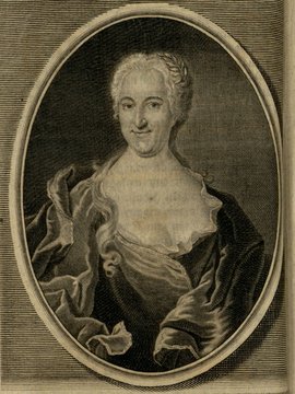 Porträt von Ziegler, Christiane Mariane von  (Zuverläßige Nachrichten von dem gegenwärtigen Zustande der Wissenschaften., 1740, 2. T., ungez. Bl. vor S. 69. [Zuschnitt auf Schmuckrahmen])