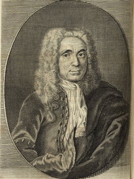 Porträt von Giannone, Pietro  (Deutsche Acta Eruditorum., 1733, 174. T., ungez. Bl. vor S. 381. [Zuschnitt auf Schmuckrahmen])