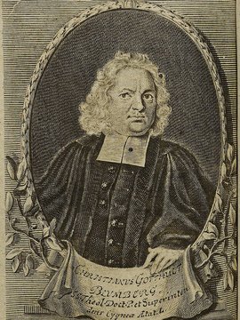 Porträt von Blumberg, Christian Gotthelf  (Die Gelehrte Fama, welche den gegenwärtigen Zustand der gelehrten Welt und sonderlich derer deutschen Universitäten entdecket., 1714, 35/36. T., ungez. Bl. am Anf. d. Stückes. [Zuschnitt auf Schmuckrahmen])