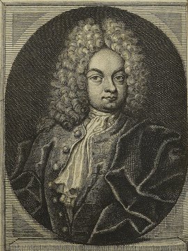 Porträt von Schacher, Polycarp Gottlieb  (Die Gelehrte Fama, welche den gegenwärtigen Zustand der gelehrten Welt und sonderlich derer deutschen Universitäten entdecket., 1717, 53/54. T., ungez. Bl. am Anf. d. Stückes. [Zuschnitt auf Schmuckrahmen])