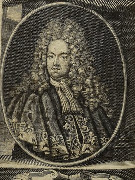 Porträt von Mencke, Johann Burkhard  (Die Gelehrte Fama, welche den gegenwärtigen Zustand der gelehrten Welt und sonderlich derer deutschen Universitäten entdecket., 1715, 43. T., ungez. Bl. am Anf. d. Stückes. [Zuschnitt auf Schmuckrahmen])