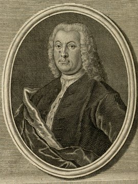 Porträt von Baumeister, Friedrich Christian  (Zuverläßige Nachrichten von dem gegenwärtigen Zustande der Wissenschaften., 1746, 84. T., ungez. Bl. vor S. 854. [Zuschnitt auf Schmuckrahmen])