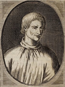 Porträt von Bruno, Giordano  (Neue Bibliothec oder Nachricht und Urtheile von neuen Büchern., 1715, 38. St., ungez. Bl. vor S. 625. [Zuschnitt auf Schmuckrahmen])