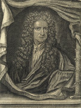 Porträt von Newton, Isaac  (Neuer Bücher-Saal der gelehrten Welt., 1715, 47. Oeffn., ungez. Bl. vor 765. [Zuschnitt auf Schmuckrahmen])