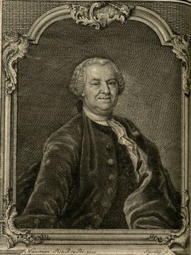 Porträt von May, Johann Friedrich  (Zuverläßige Nachrichten von dem gegenwärtigen Zustande der Wissenschaften., 1756, 197. T., ungez. Bl. vor S. 316. [Zuschnitt auf Schmuckrahmen])