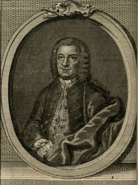 Porträt von Dreyhaupt, Johann Christoph von  (Zuverläßige Nachrichten von dem gegenwärtigen Zustande der Wissenschaften., 1756, 195. T., ungez. Bl. vor S. 160. [Zuschnitt auf Schmuckrahmen])