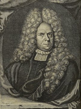 Porträt von Schweder, Gabriel  (Die Gelehrte Fama, welche den gegenwärtigen Zustand der gelehrten Welt und sonderlich derer deutschen Universitäten entdecket., 1717, 58. T., ungez. Bl. am Anf. d. Stückes. [Zuschnitt auf Schmuckrahmen])