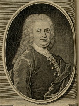 Porträt von Hommel, Ferdinand August  (Zuverläßige Nachrichten von dem gegenwärtigen Zustande der Wissenschaften., 1743, 40. T., ungez. Bl. vor S. 231. [Zuschnitt auf Schmuckrahmen])