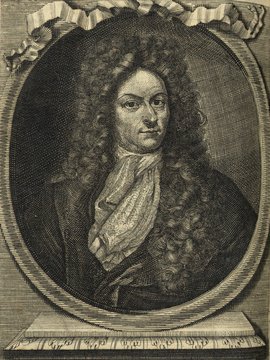 Porträt von Wedel, Georg Wolfgang  (Neue Bibliothec oder Nachricht und Urtheile von neuen Büchern., 1710, 9. St., ungez. Bl. S. 734. [Zuschnitt auf Schmuckrahmen])