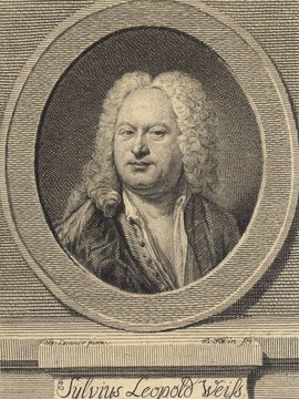 Porträt von Weiss, Silvius Leopold  (Neue Bibliothek der schönen Wissenschaften., 1765, 1. Bd., 1. St., ungez. Bl. am Anf. d. Bandes. [Zuschnitt auf Schmuckrahmen])