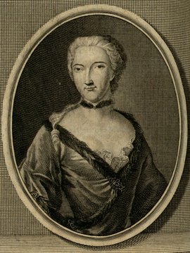 Porträt von Du Châtelet, Gabrielle Émilie Le Tonnelier de Breteuil  (Zuverläßige Nachrichten von dem gegenwärtigen Zustande der Wissenschaften., 1742, 31. T., ungez. Bl. vor S. 459. [Zuschnitt auf Schmuckrahmen])