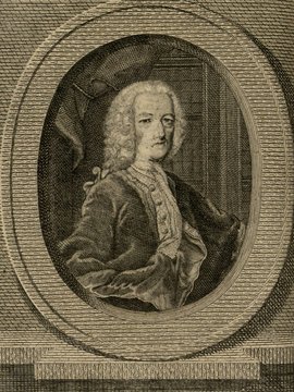 Porträt von Richey, Michael  (Zuverläßige Nachrichten von dem gegenwärtigen Zustande der Wissenschaften., 1754, 176. T., ungez. Bl. vor S. 554. [Zuschnitt auf Schmuckrahmen])
