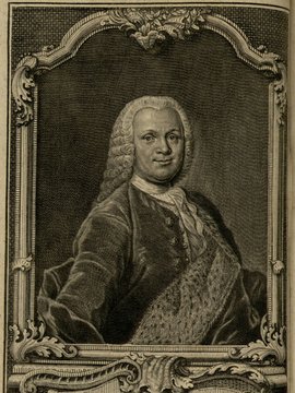 Porträt von Quelmalz, Samuel Theodor  (Zuverläßige Nachrichten von dem gegenwärtigen Zustande der Wissenschaften., 1752, 149. T., ungez. Bl. vor S. 324. [Zuschnitt auf Schmuckrahmen])