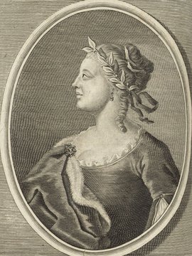 Porträt von Bassi, Laura  (Deutsche Acta Eruditorum., 1738, 221. T., ungez. Bl. vor S. 305. [Zuschnitt auf Schmuckrahmen])