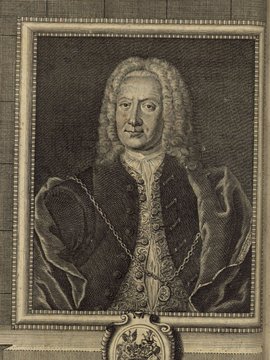 Porträt von Berger, Johann Wilhelm von  (Zuverläßige Nachrichten von dem gegenwärtigen Zustande der Wissenschaften., 1744, 50. T., ungez. Bl. vor S. 77. [Zuschnitt auf Schmuckrahmen])