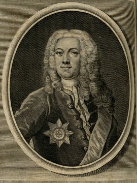 Porträt von Westphalen, Ernst Joachim von  (Zuverläßige Nachrichten von dem gegenwärtigen Zustande der Wissenschaften., 1740, 11. T., ungez. Bl. vor S. 753. [Zuschnitt auf Schmuckrahmen])