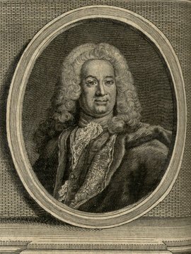 Porträt von Titon du Tillet, Evrard  (Zuverläßige Nachrichten von dem gegenwärtigen Zustande der Wissenschaften., 1755, 190. T., ungez. Bl. vor S. 700. [Zuschnitt auf Schmuckrahmen])