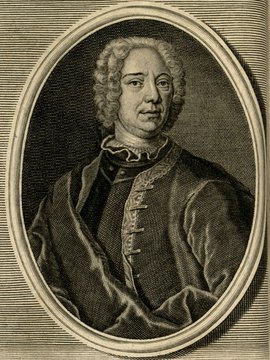 Porträt von Potgieser, Joachim  (Zuverläßige Nachrichten von dem gegenwärtigen Zustande der Wissenschaften., 1746, 74. T., ungez. Bl. vor S. 82. [Zuschnitt auf Schmuckrahmen])