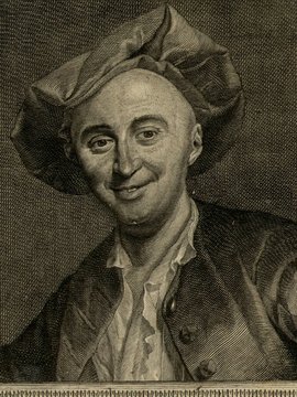 Porträt von La Mettrie, Julien Offray de  (Zuverläßige Nachrichten von dem gegenwärtigen Zustande der Wissenschaften., 1753, 157. T., ungez. Bl. am Anf. d. Bandes. [Zuschnitt auf Schmuckrahmen])